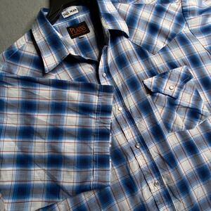 Plains Western Wear Mens Tall XLT Blue Plaid Snap Front Short‎ Sleeve Shirt